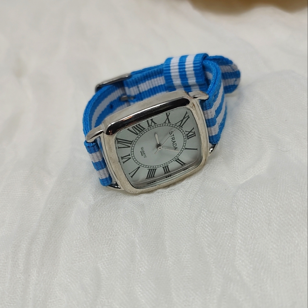 Strada blue and white striped fabric band watch silver tone frame around face - Picture 6 of 8